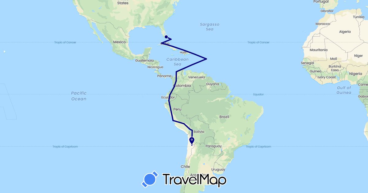 TravelMap itinerary: driving in Bolivia, Bahamas, Chile, Colombia, Cuba, Ecuador, France, Peru, United States (Europe, North America, South America)